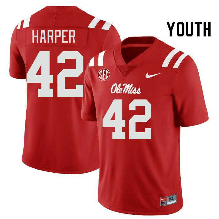 Youth #42 Jack Harper Ole Miss Rebels College Football Jerseys Stitched-Red